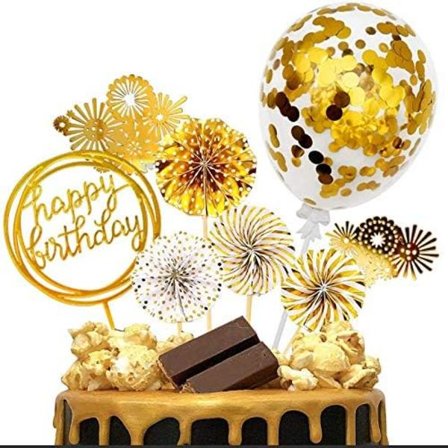 Cake Topper Guld Grattis på födelsedagen Toppers Golden Confetti Balloon Fireworks Paper Sun