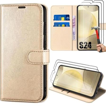 Etui til Samsung Galaxy S24 med 2 hærdede briller, fuld krop stødsikker lædereffekt Flip-etui guld