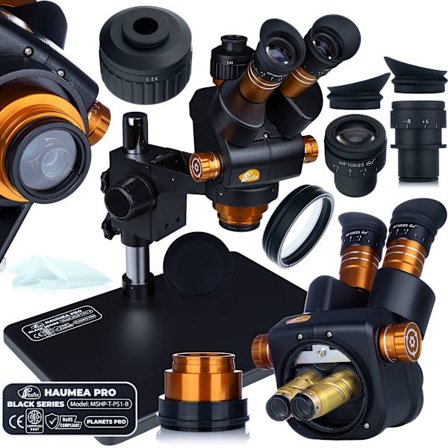 Trinokulaarinen Mikroskooppi Haumea Pro Black Series MSHP-T-PS1-B – 6,5x–58x Zoom | WF 10x/23 | Kameraliitäntä | Metallialusta 38x26 cm