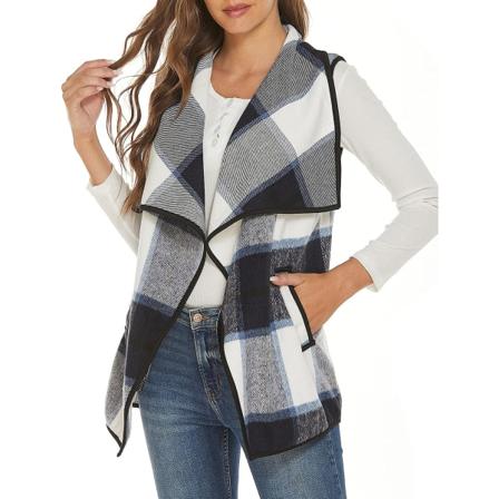 Kvinner Vest Lapel Åpen foran Buffalo Plaid Ermeløs Cardigan Jacket Coat med