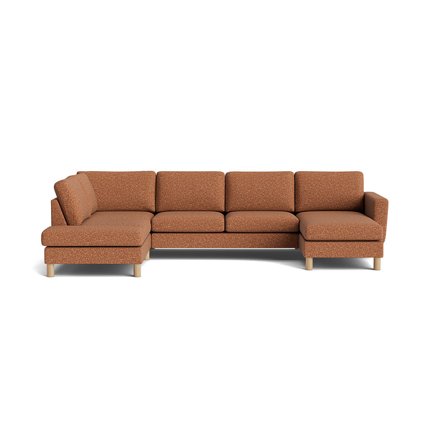 Eksklusiv Haven U-sofa, Højrevendt - Puente Brun Terracotta - Komfortabel Koldskum - 206x327x86cm - Stor U-formet Sofa med Massive Ege Ben