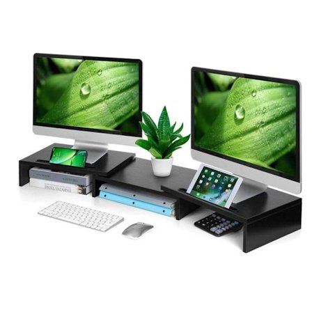 Dubbelskärmsstativ med justerbar vinkel och 2 fack för mobiltelefoner