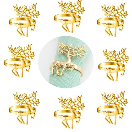 12 stk. juleserviettringer, serviettholder i legering med reinsdyr, elgserviettringer til jule- og vinterferiefest, borddekorasjon (gull)