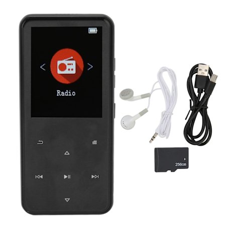 MP3-spelare 2,4 tum Smart HD brusreducering peksknapp FM-radio 16 GB Bluetooth 5.0 musikspelare med minneskort Svart 256 GB minneskort