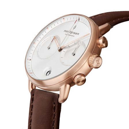 Nordgreen - Minimalistyczny Męski Duński Zegarek Chronograf - Biała Tarcza - Pasek Skórzany Ciemnobrązowy