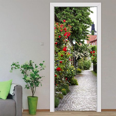 Dørklistermærker Landskab med røde blomster og grønne planter Gang 3D Aftagelig selvklæbende vinyl Vandtæt dør tapet til børneværelse Badeværelse 
