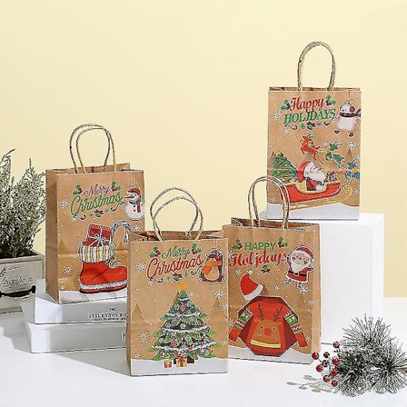 16 Kraft Julegaveposer med Håndtak, Gjenbrukbar Julegavepose for Gaver til Gaveinnpakning