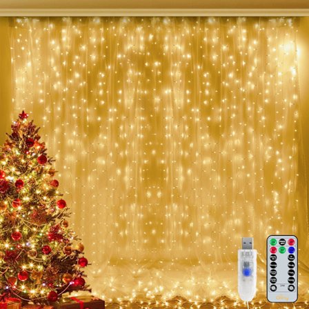 Inomhus julgardinlampor - Varmvitt 300 LED 3m x 3m USB-drivna julgransljus 8 lägen/timer/fjärrkontroll för utomhus/sovrum/par