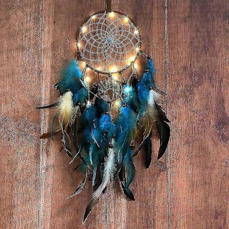 Unelmienpyydystin Sininen Elämänpuu Höyhenillä, Mobiili Led-Haltijakynttilät Käsintehty Intialainen Perinteinen Pyöreä Verkko