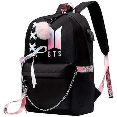 Ryggsäck för mellanstadiet, B-t-s College Casual Bag Sidokonfiguration USB-gränssnitt och hörlursuttag. (svart 1)