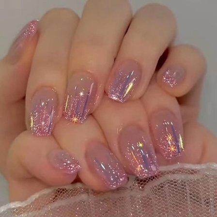 24 st falska naglar korta fyrkantiga franska spets rosa lila tryck på naglar Aurora Meteor design falska naglar full täckning akryl lim naglar kit