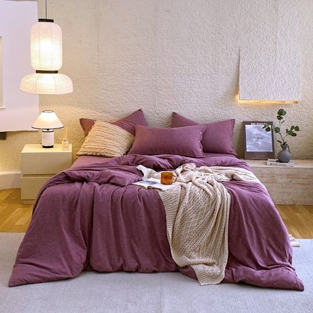 Tvättat bomull andningsbart enkelt enfärgat lakan täcke set lila