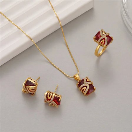 Modekopia Ren 24k Guld Smycken Tredelat Set Halsband Örhängen Ring Solid Röd 18k Guld Färg Damsmyckesset