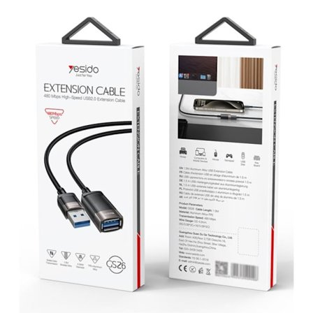 Yesido USB-A hane till hona förlängningskabel, 1,5m - Svart