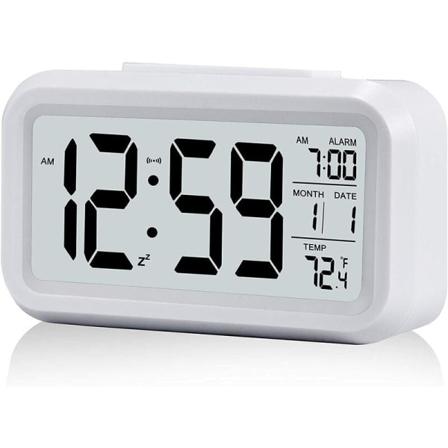 Hvidt digitalt vækkeur, stille batteridrevet baggrundsbelysning, stor LED-display temperaturkalender