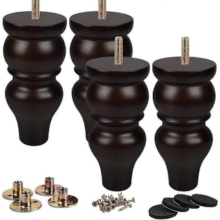 La Vane 15 cm trämöbelben, 4-pack, svart massivt trä med förborrade M8-bultar och monteringsplatta B valnöt 6 (15 cm)