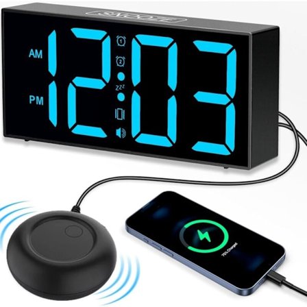 Digitalt Vækkeur med Vibration, 7 Tommer LED-Lys, Vibrerende Vækkeur til Døve og Hørehæmmede, Snooze-funktion, USB-opladning