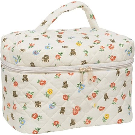 Blomster Makeup Taske Bomuld (Beige Bjørn) Makeup Taske Quiltet Æstetik Makeup Taske Stor Kapacitet Rejse Makeup Taske Kvinder og Piger Toilet Makeup 
