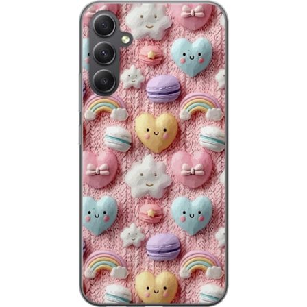 Kompatibel Mobilcover til Samsung Galaxy A25 Pastelmotiv med hjerter, skyer, regnbuer og macarons mod lyserød baggrund i en sød drømmende stil.