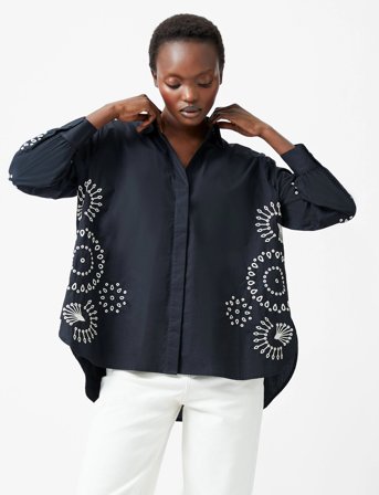 French Connection Cambria Cotton Embroidered Top - Black - XS