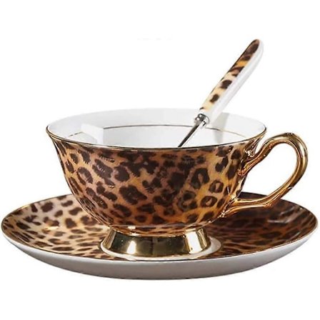 YBK Tech Euro Style Kop & Underkop Sæt af Benporcelæn, Keramisk Te Kaffekop til Hjemmekøkken Bryllup (Leopardmønster)