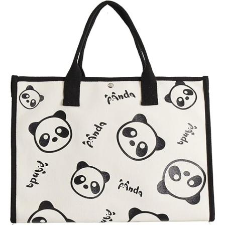 Strandveske i estetisk stil, stor lerretsveske over skulderen, Panda-design