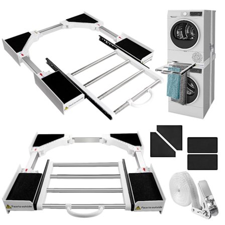 Vaskemaskin-tørketrommel stablekit - Universell mellomramme med skyvehylle og skralletau - Vaskemaskin/tørketrommeltilbehør - Justerbar 46-72cm, 