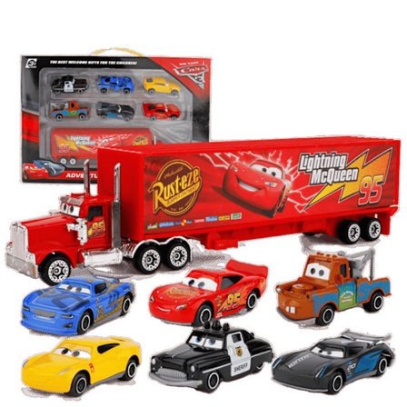 7 stk biler 2 Lynet McQueen Racerbil & Mack Truck Sett Gave