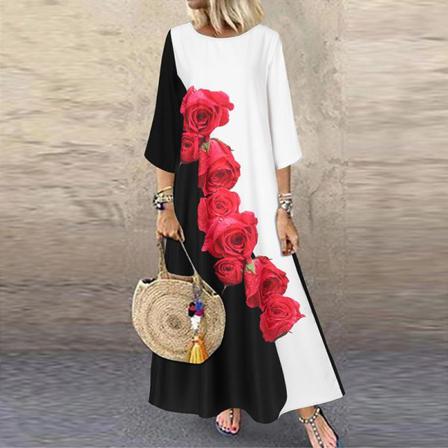 Uk Womens Summer 3/4 Sleeve O-neck Party Klänning Lång Klänning Holida