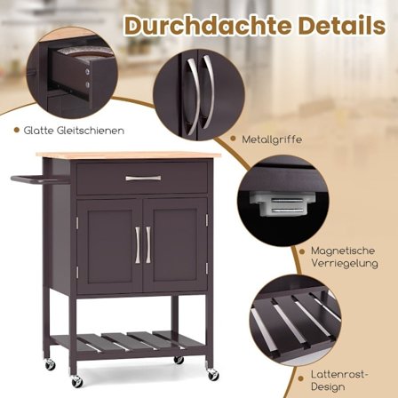 Köksvagn med bänkskiva, serveringsvagn med hjul, vagn med låda, brun