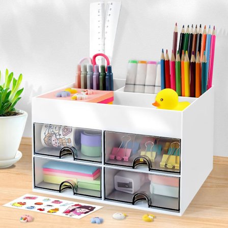 Skrivebordsarrangør med 4 skuffer - Plast Skrivebordsrydding Stor Kapasitet Stasjonærarrangør Penneholder for Skrivebord, Pennepot Skrivebordslagring 