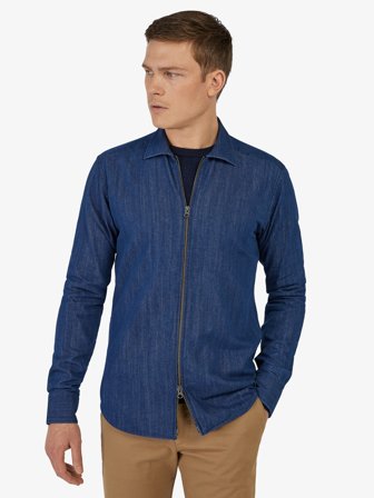 John Henric Herr Blå Denim Zipper Overshirt Storlek 39