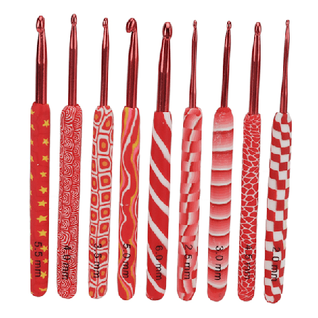 9 st virknålar i olika storlekar med rött handtag, ergonomiskt grepp, stickningsnålar i aluminium