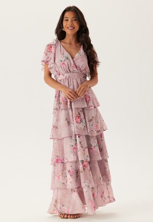 Goddiva Floral Flutter Tiered Maxi Dress Blush Klær