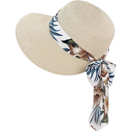 Stråhatt med bred brem for kvinner - med vindtett snor - sammenleggbar strandhatt - beige