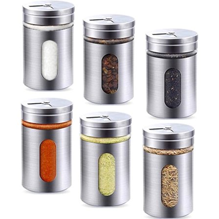 6 stk. Krydderiglas, Krydderiglas i rustfrit stål, Krydderiglas med drejelåg til opbevaring af krydderier, salt, peber eller havsalt