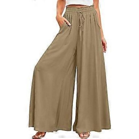 Damebukser Casual Løse Højtaljede Bukser Med Snøretræk Bredben Palazzo Bukser Med Lommer (S KHAKI)