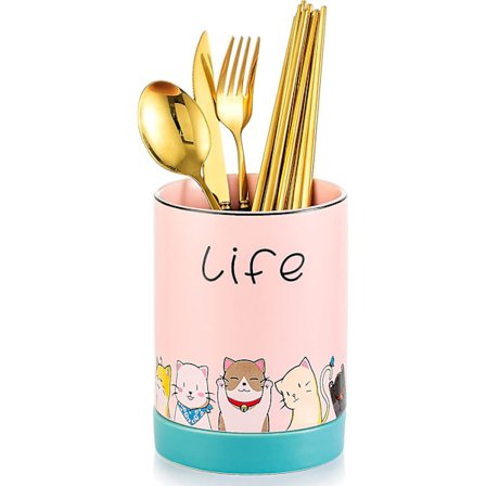 Køkkenredskabs Holder, Keramik Bestikholder Med Sød Kattemønster, Praktisk Køkken