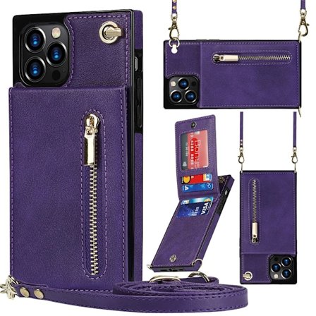 Etui til iPhone 15PLUS Lilla Crossbody lommebok med kortholderstativ