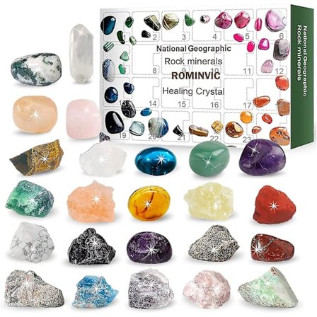 Rock Julekalender 2022, juletellerkalender - 24 dager med malm, mineraler, edelstener og krystaller, julekalender med 24 edelstener å åpne hver dag 