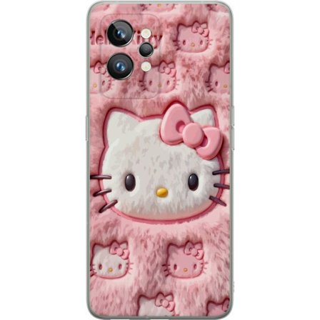 Kompatibelt Mobildeksel til Realme GT2 Pro Hello Kitty rosa fluffy bakgrunn med ikoniskt ansikt og kawaii-estetikk
