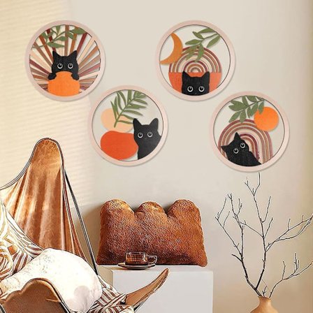 4 stk. Boheme Træskulptur Vægdekoration Sort Kat Moderne Vægkunst til Stue_OF