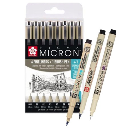 Sakura Pigma Micron Fineliner ensemble de 6 + 1 Brush Pen + 1 PN