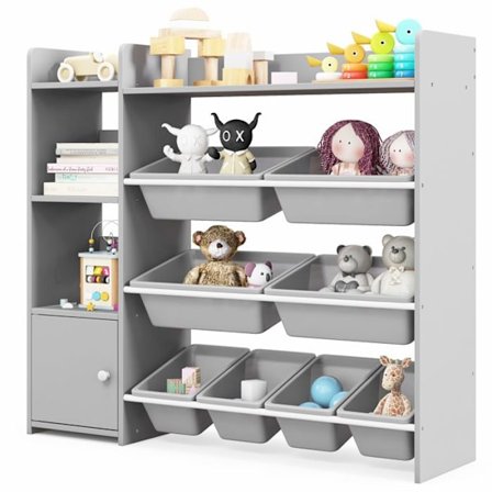 COSTWAY 3 i 1 Leksaksförvaringsorganisatör för Barn, med 4 nivåer och Dörr samt 8 lådor, 112,5x30x100 cm, för Förskola, Grå