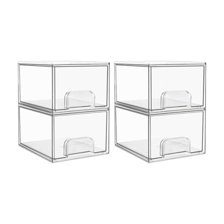 Pakke med klare, stablebare oppbevaringsskuffer, 11,2 cm høye sminkeorganisatorer i akryl til bad, oppbevaringskuber i plast