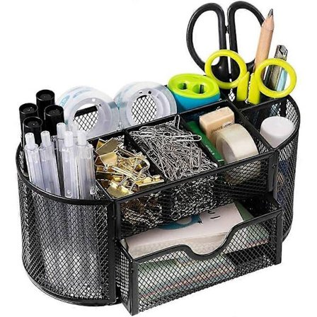 Sort metallisk skrivebordsorganisator, penn-skrivebordsorganisator, skrivesakerorganisator, netting-skrivebordsorganisator VBJ
