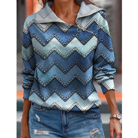 Damblommigt Print Lapel Pullover Color Block Casual Sweatshirt