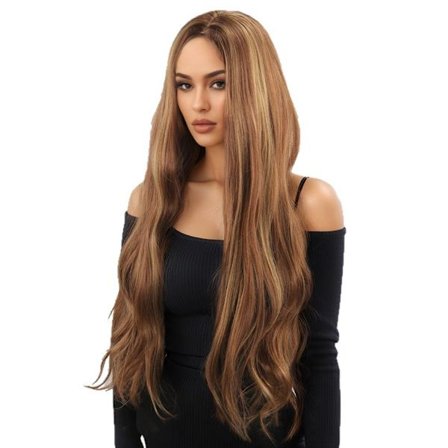 Muoti aalto peruukki, pitkät otsatukka, pitkät kiharat hiukset, kullanruskea, naisten peruukki, synteettinen peruukki