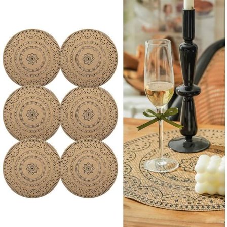 IC Sæt med 6 Boho PVC Runde Dækkeservietter til Spisebord Mandala Dækkeservietter Vaskbare Varmebestandige Dækkeservietter Jute Retro Bord (E)[HK]