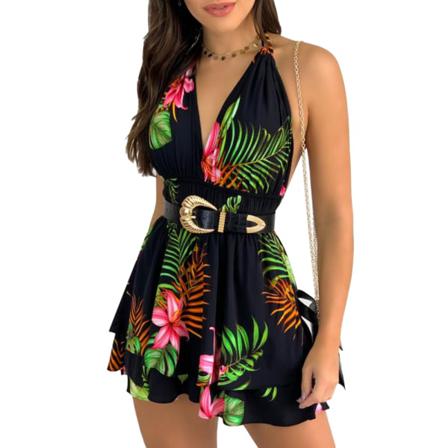 Kvinnor Sommar Sexig V-ringad Ärmlös Strand Print Kort Ha